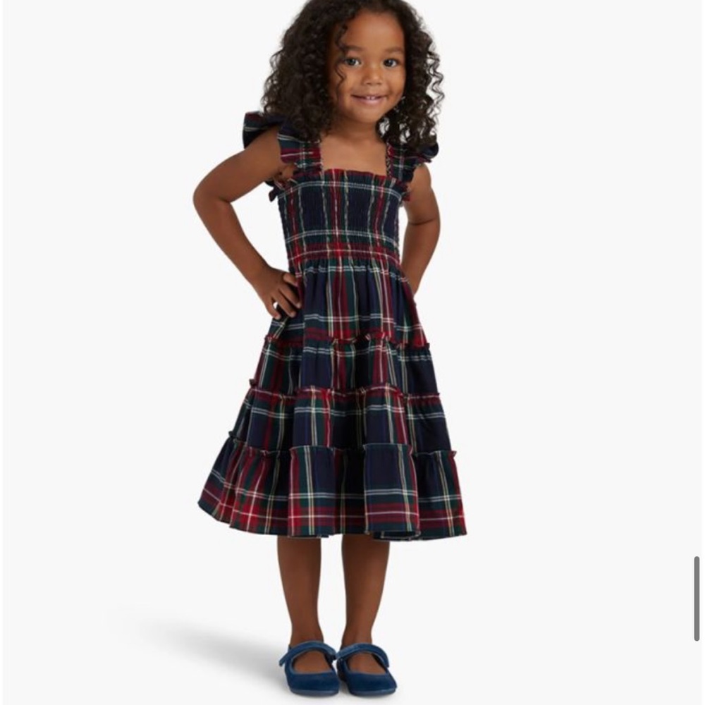 Hill House Girls' Navy Plaid Smocked Dress with Red and Green Accents